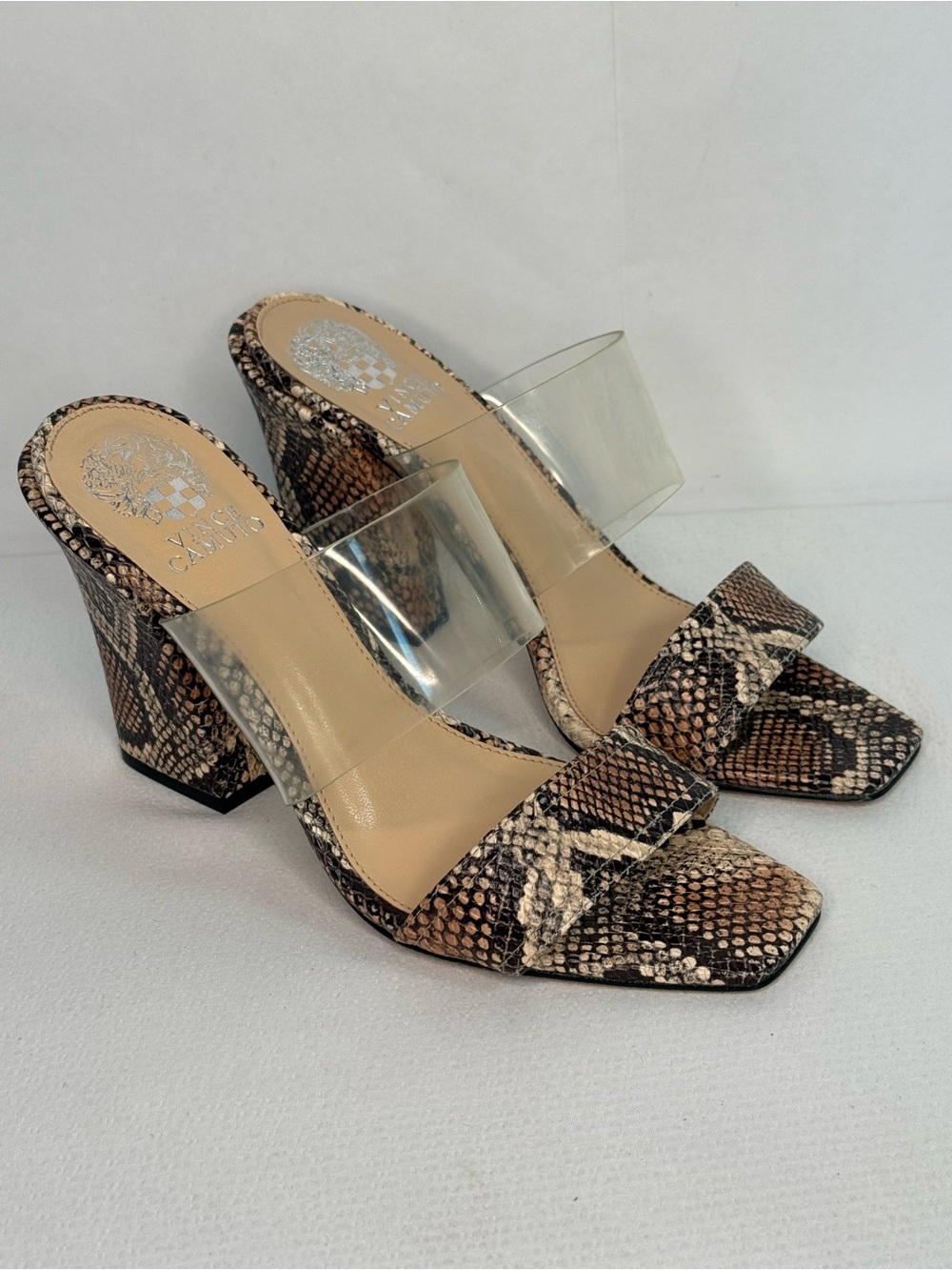 Vince Camuto Clear-strap Snake Print Slide Sandals - Beige & Black - Picture 2 of 8